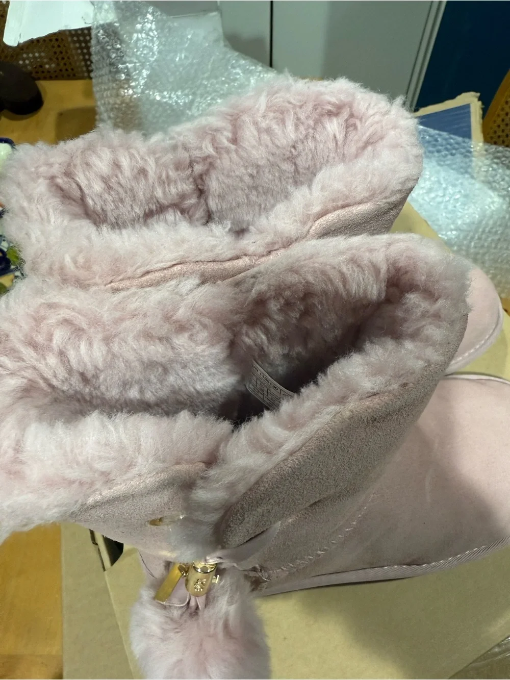 UGG Girls' Pink Faux-Suede Pom Pom Winter Boots